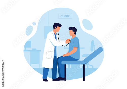 Flat style vector illustration of doctor using stethoscope to examine patient, medical checkup concept, healthcare consultation and routine physical examination scene