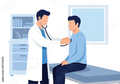 Flat style vector illustration of doctor using stethoscope to examine patient, medical checkup concept, healthcare consultation and routine physical examination scene