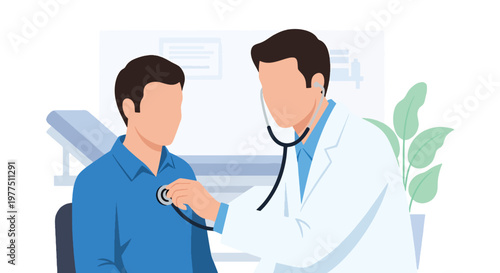 Flat style vector illustration of doctor using stethoscope to examine patient, medical checkup concept, healthcare consultation and routine physical examination scene