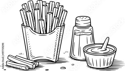 Hand-drawn of french fries in a carton with salt shaker and dipping sauce potato