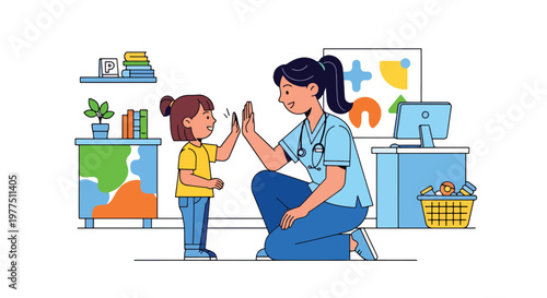 Flat style vector illustration of pediatric doctor giving high five to child patient, pediatric healthcare concept, friendly medical support and child wellness environment