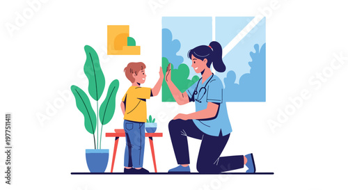 Flat style vector illustration of pediatric doctor giving high five to child patient, pediatric healthcare concept, friendly medical support and child wellness environment