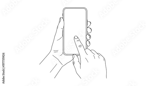 A hand holding a smartphone with finger touching the screen in a line drawing style on white background