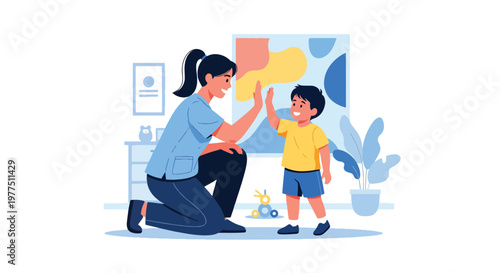 Flat style vector illustration of pediatric doctor giving high five to child patient, pediatric healthcare concept, friendly medical support and child wellness environment