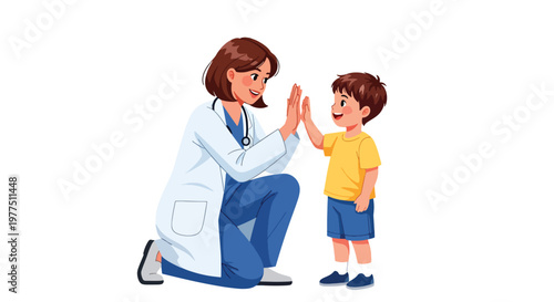 Flat style vector illustration of pediatric doctor giving high five to child patient, pediatric healthcare concept, friendly medical support and child wellness environment