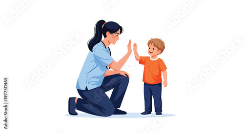 Flat style vector illustration of pediatric doctor giving high five to child patient, pediatric healthcare concept, friendly medical support and child wellness environment