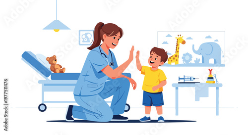 Flat style vector illustration of pediatric doctor giving high five to child patient, pediatric healthcare concept, friendly medical support and child wellness environment