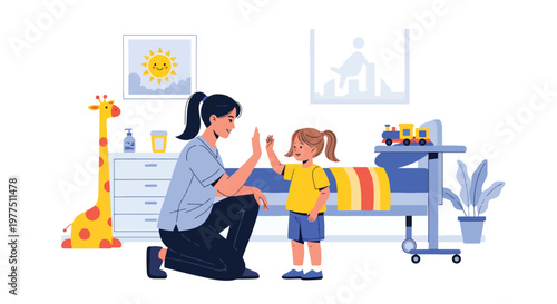 Flat style vector illustration of pediatric doctor giving high five to child patient, pediatric healthcare concept, friendly medical support and child wellness environment