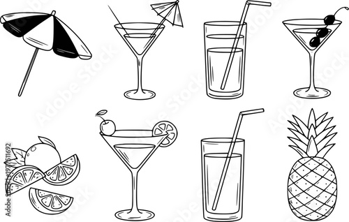 Hand-drawn summer drinks and tropical fruit white background, cocktails pineapple