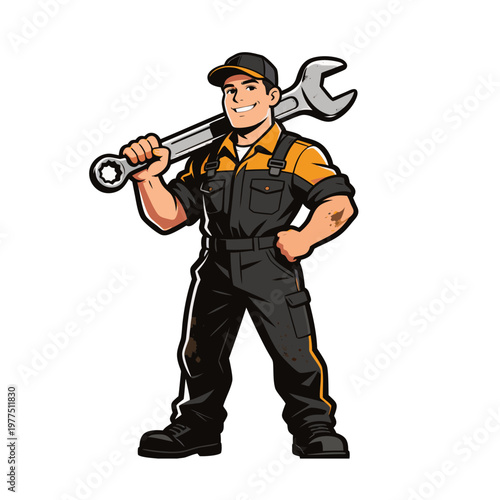 Bold vector illustration of a full body car mechanic mascot holding a large spanner, featuring a confident and friendly expression in a clean branding style.