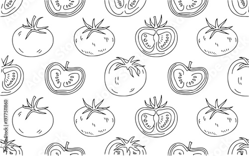 Hand-drawn tomato pattern white background, whole and sliced fruit food vegetable