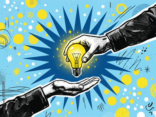Two hands passing a glowing light bulb on a blue background with yellow white and black artistic elements  creative idea concept