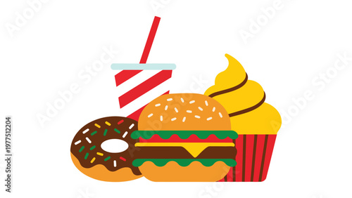 No diet day concept with donut burger cupcake and soda drink illustrating cheat day indulgence fast food celebration colorful flat vector design