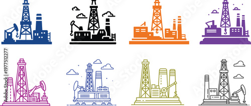 Industrial oil rig icons set featuring drilling platforms offshore refinery plants and energy extraction structures silhouettes.