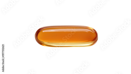 Amber oval softgel capsule filled with golden liquid, isolated on transparent background