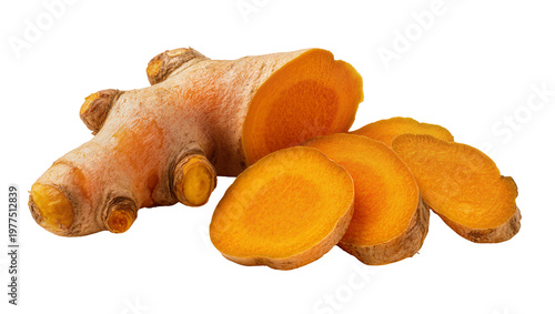 Foto Whole and sliced vibrant orange turmeric root, isolated on transparent backgroun