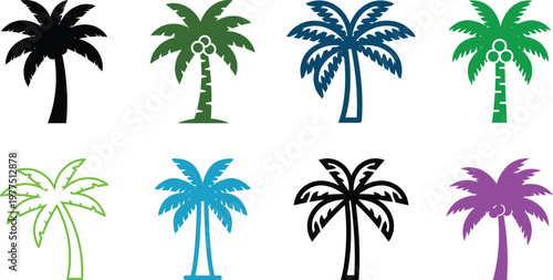 Palm tree silhouettes set featuring tropical coconut foliage and exotic botanical plant icons for summer vacation design themes.