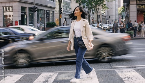 Wallpaper Mural a woman walking across a city street on a crosswalk with moving cars. She seems confident and determined, with the city as her background. Torontodigital.ca
