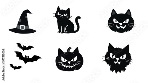 Halloween Black Cat Sticker: Jack-O-Lantern Pumpkin, Bat & Wizard Hat Vector