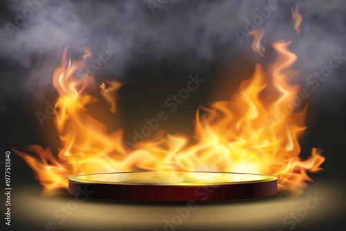 Fiery round podium showcasing product or award on dark background with smoke