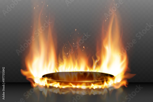 Burning golden product podium with vibrant flame, energy, and fiery power