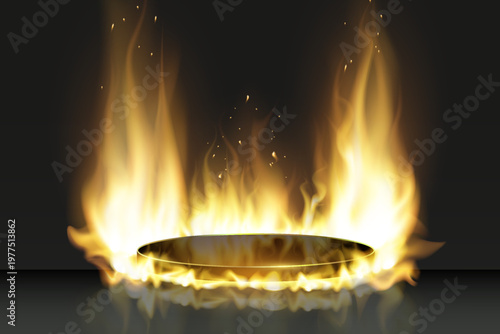 Golden display platform engulfed in flames and sparks, symbolizing power and launch