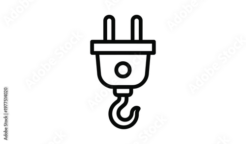 Black line icon of an electrical plug with a hook hanging down from it on a white background