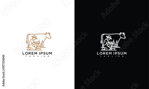 Farm Logo Farmer Milking Cow in Minimalist Line Art Style