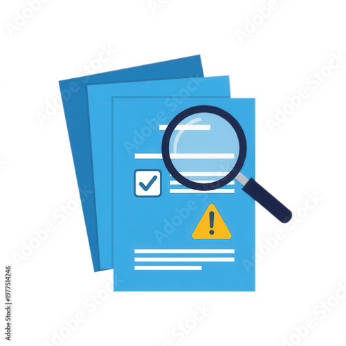 A magnifying glass on top of two blue documents with a checklist and warning sign isolated on transparent background