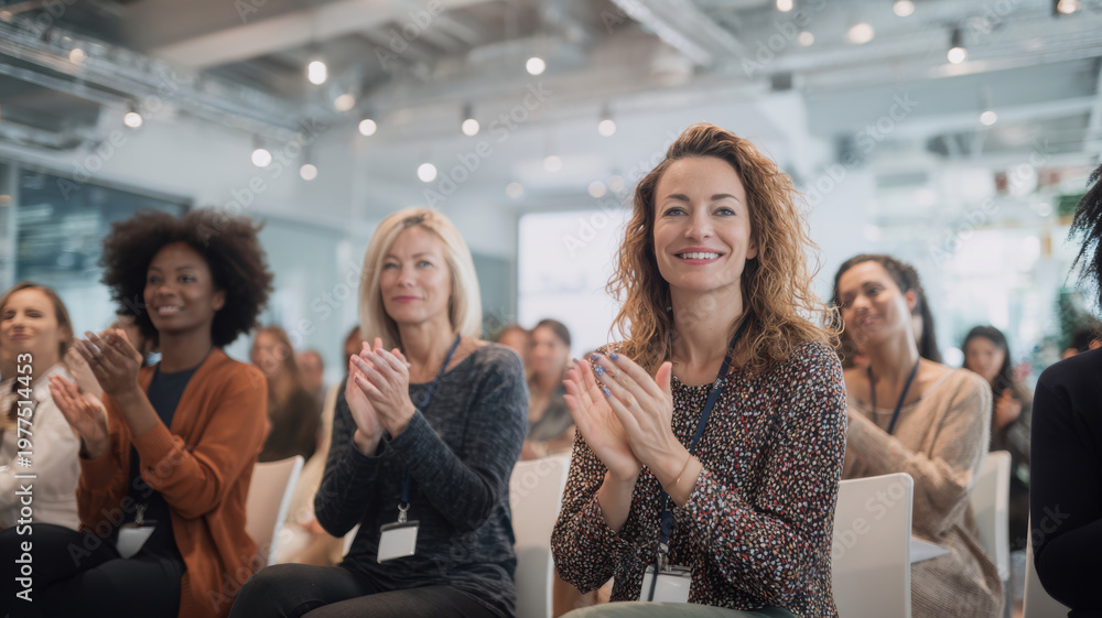 Obraz premium Female diversity. Human rights, equal opportunity concept. A candid photograph of a group of women seated in a modern conference room, clapping and smiling. The focus is on a woman with curly hair.