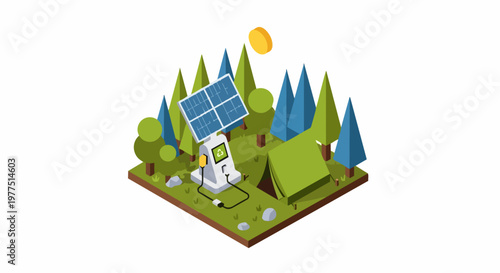 Isometric Solar Charging Station for Eco-Friendly Camping in the Forest with Tent and Renewable Energy Concept