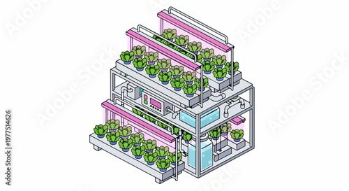 Isometric Illustration of a Modern Hydroponic Vertical Farming System with LED Grow Lights and Smart Control Panel for Indoor Sustainable Agriculture