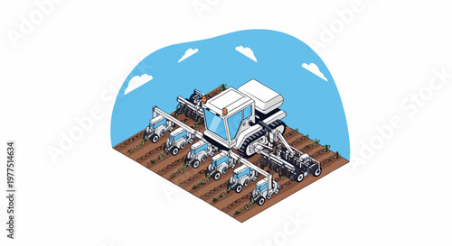 Isometric Illustration of Autonomous Robotic Tractor Working in a Field for Smart Farming
