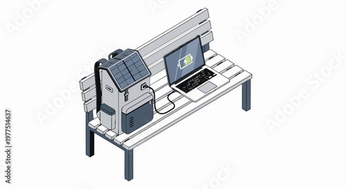 Laptop Charging from a Solar Panel Backpack on a Bench, Isometric Illustration of Renewable Energy and Sustainable Technology Concept