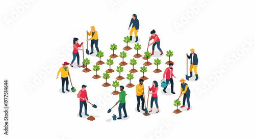 Isometric Vector Illustration of Diverse People Planting Trees for Reforestation, Sustainability, and Community Environmental Action on White Background