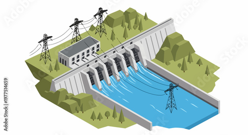 Isometric Hydroelectric Dam Power Plant Illustration - Renewable Green Energy Concept