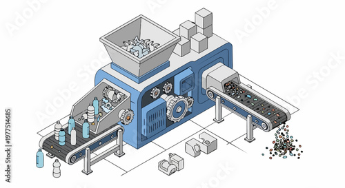 Isometric Industrial Plastic Recycling Machine Processing Bottles into Recycled Pellets, Circular Economy Illustration