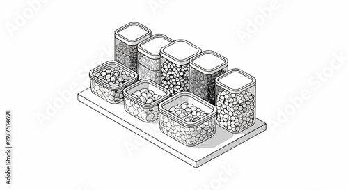 Isometric Line Art of Organized Kitchen Pantry with Glass Food Storage Containers Filled with Beans, Grains, and Pulses on a Shelf