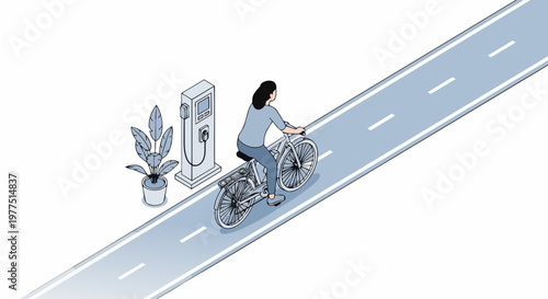 Isometric Woman Riding Electric Bike Past Charging Station on Dedicated Bike Path