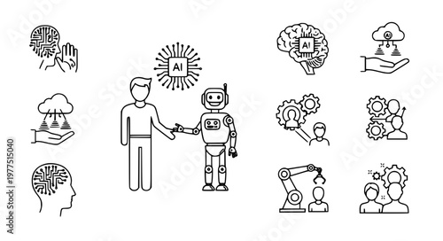AI Human Interaction Vector with Robot Brain and Automation Icons