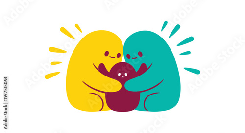 Colorful, abstract, hugging figures, emotive illustration, vector graphics