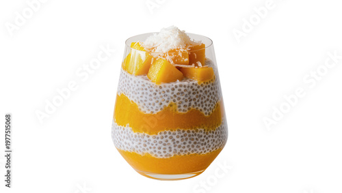 Cuadro en lienzo Layered mango chia seed pudding with fresh mango cubes and coconut flakes, isola