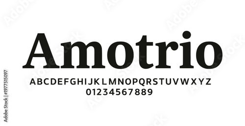 A modern font display with alphabet and numbers on a clean white background