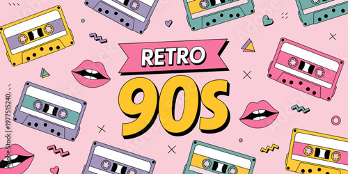 Retro 90s nostalgic colorful cassette tapes and lips on pink background