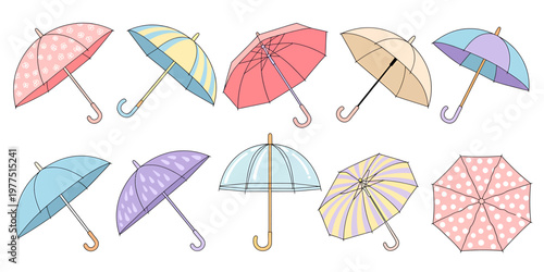 Colorful umbrellas in various patterns and designs for weather protection and fashion accessories