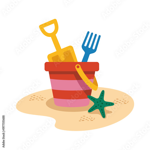Colorful beach toys set with sand bucket and starfish on sand