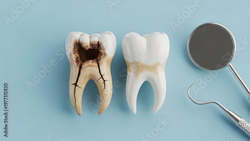Wallpaper Mural Tooth decay comparison with dental tools Torontodigital.ca
