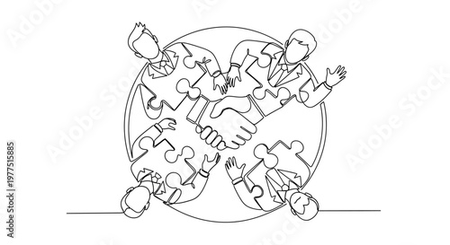 Business people completing a puzzle globe.