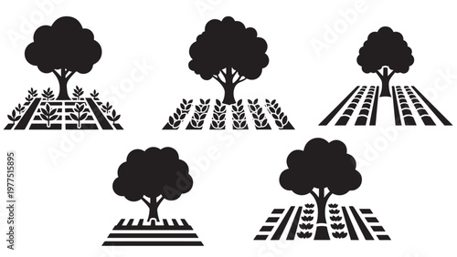 Agroforestry Tree Planted Within Row Crops Icon — Sustainable Farming Minimal Black-and-White Solid Silhouette, Flat Vector, Isolated on White