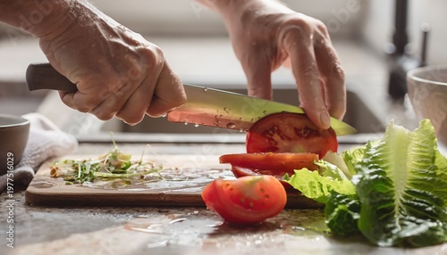 Wallpaper Mural A person carefully slicing a fresh tomato in a kitchen scene, preparing ingredients for a meal. Torontodigital.ca